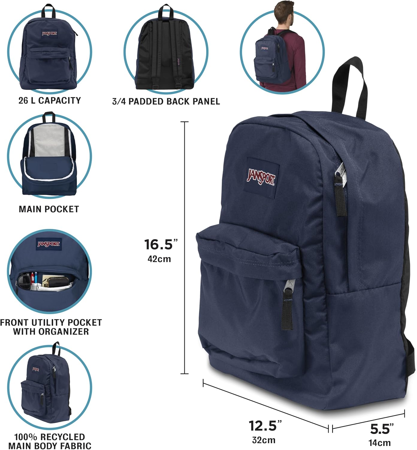 JanSport SuperBreak One Backpacks - Durable, Lightweight Bookbag with 1 Main Compartment, Front Utility Pocket with Built-in Organizer - Premium Backpack, Black - Image 6