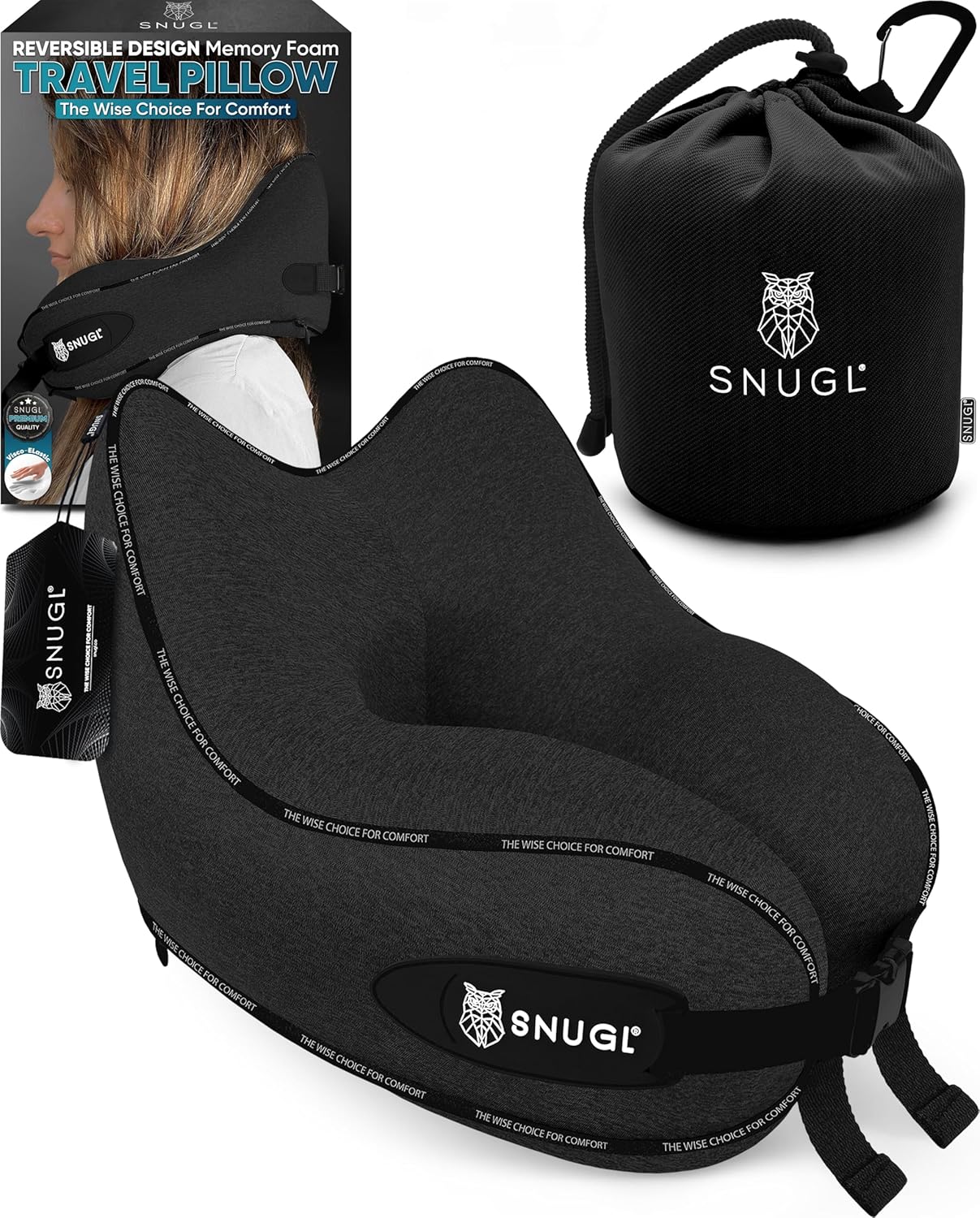 SNUGL Travel Pillow – Memory Foam Pillows - Neck Pillow for Airplane with Carry Bag & Clip – Neck Support Pillows for Pain Relief - Airplane Travel Essentials (Adult Regular - Black)