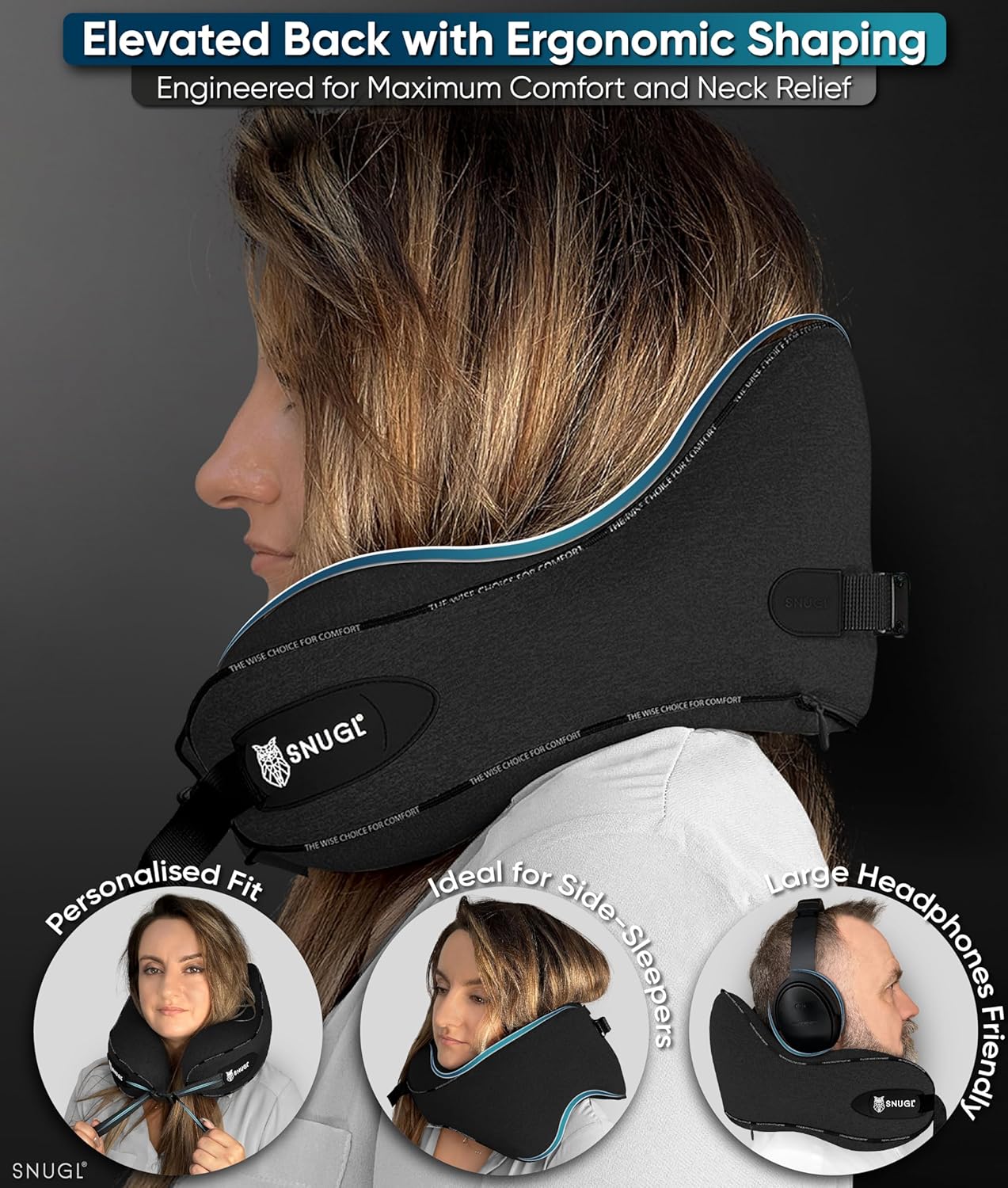 SNUGL Travel Pillow – Memory Foam Pillows - Neck Pillow for Airplane with Carry Bag & Clip – Neck Support Pillows for Pain Relief - Airplane Travel Essentials (Adult Regular - Black) - Image 4