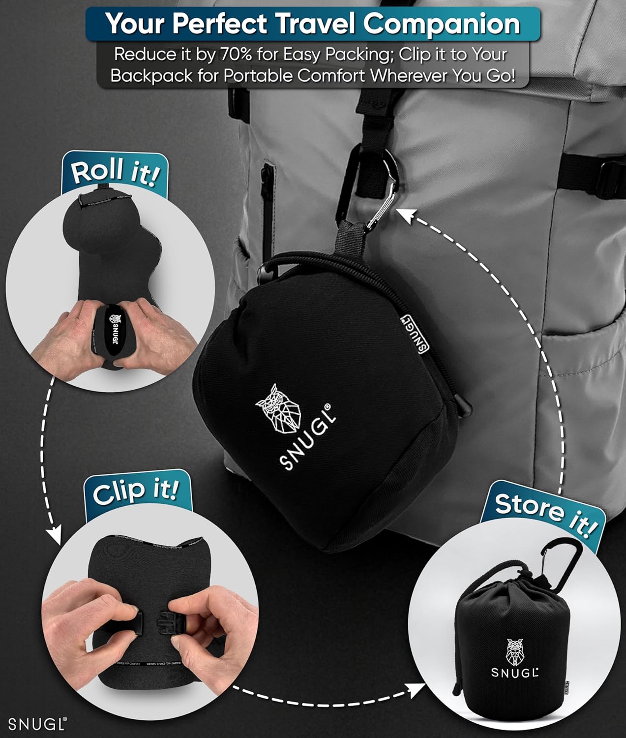SNUGL Travel Pillow – Memory Foam Pillows - Neck Pillow for Airplane with Carry Bag & Clip – Neck Support Pillows for Pain Relief - Airplane Travel Essentials (Adult Regular - Black) - Image 6