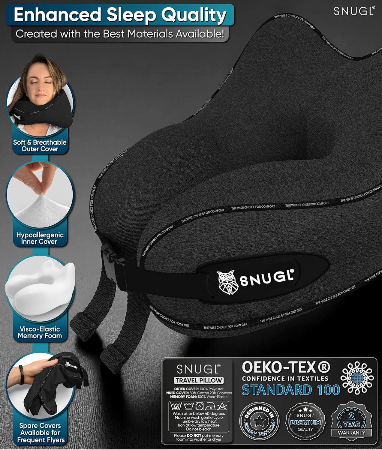 SNUGL Travel Pillow – Memory Foam Pillows - Neck Pillow for Airplane with Carry Bag & Clip – Neck Support Pillows for Pain Relief - Airplane Travel Essentials (Adult Regular - Black) - Image 7