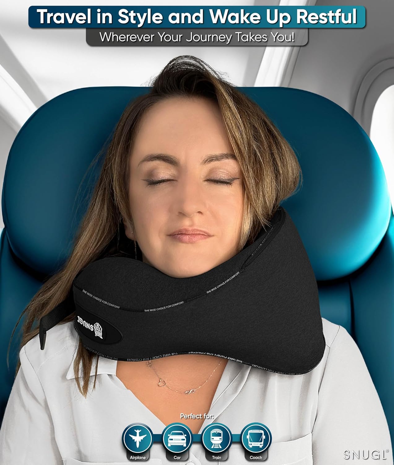SNUGL Travel Pillow – Memory Foam Pillows - Neck Pillow for Airplane with Carry Bag & Clip – Neck Support Pillows for Pain Relief - Airplane Travel Essentials (Adult Regular - Black) - Image 8