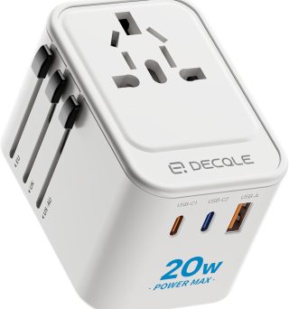 Universal Travel Adapter, International Travel Plug Adapter with 2 USB-C(PD 20W) & 1 USB-A Ports, All in One Portable Adaptor, for USA, UK, EU, AU & 224+ Countries (White) US